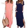 Lady Casual Loose Dress Solid Color V-Neck Slit Pocket Short Sleeve Maxi Dress For Beach