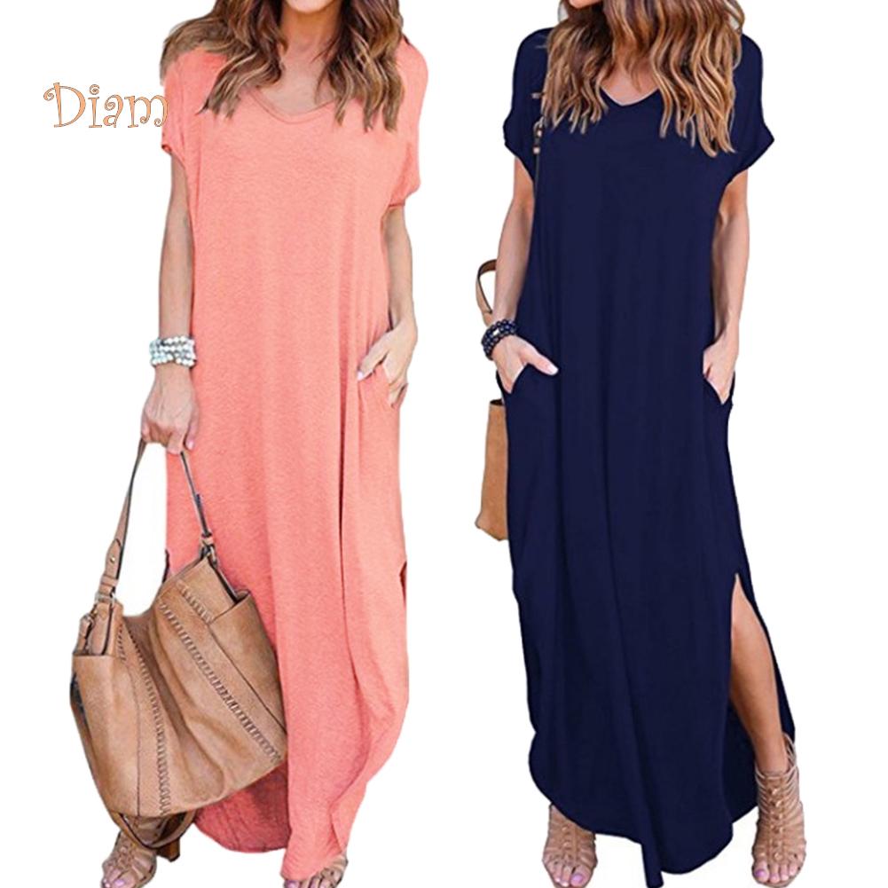 Lady Casual Loose Dress Solid Color V-Neck Slit Pocket Short Sleeve Maxi Dress For Beach