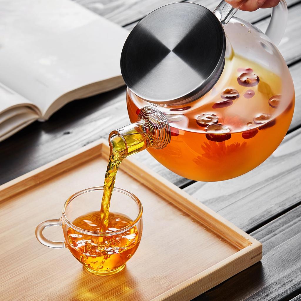 Pokaro Tea Frosted Glass with Stainless Steel Perfect for Black Green Fruit Loose Leaf and Blooming Craft Includes Tea Large Teapot, Heat-Resistant,