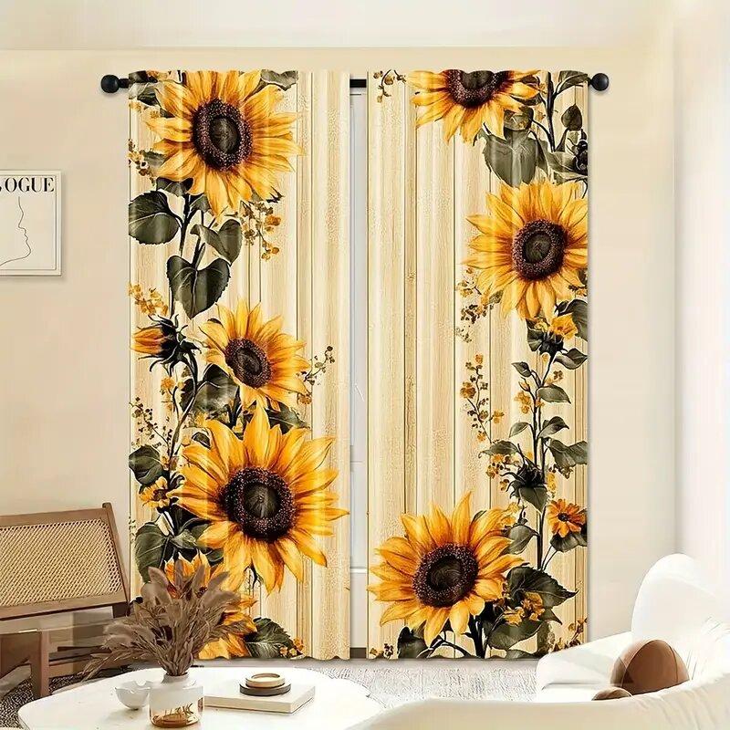 Retro Wooden Board Sunflower Pole Bag Curtains Bedroom Kitchen Decoration Home Living Room Curtain Polyester Perfect For Area