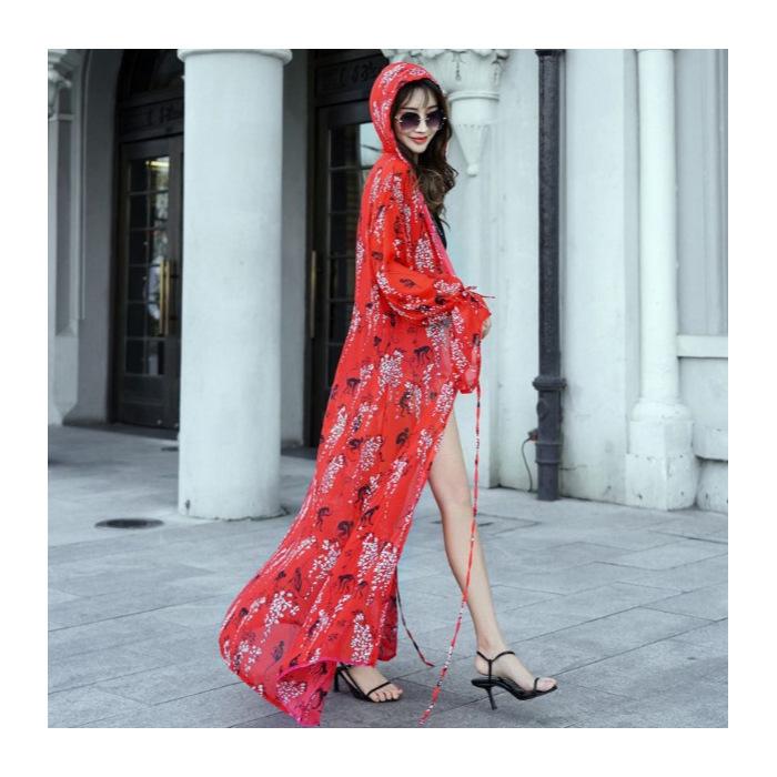 

Шифоновый кардиган с капюшоном и пляжным принтом для женщин – Свободный, дышащий, накидка для защиты от солнца 2X-Large