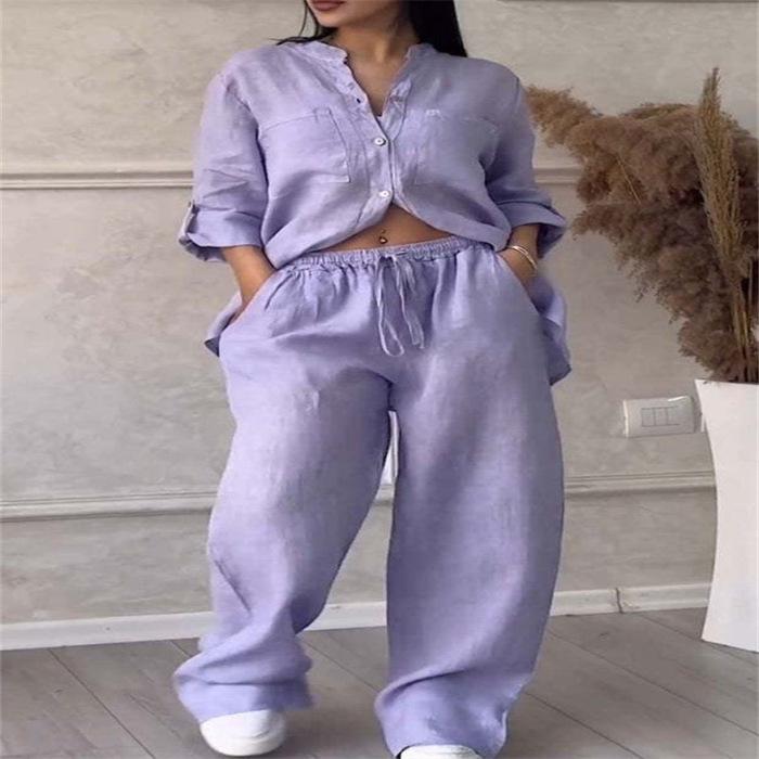 2025 Euro-americká sada bavlněných lněných košil a širokých kalhot