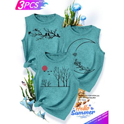 Three-piece Outfit for Sisters and Best Friends with Moon and Floral Motifs + Bird On a Branch + Sunset Forest Print Fashionable and Elegant Women's