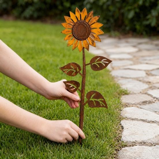 Rusty Flowers Garden Stake, Distressed Metal Flower Yard Art Stake, Retro 2D Flowers Decoration for Yard Lawn Flower Bed