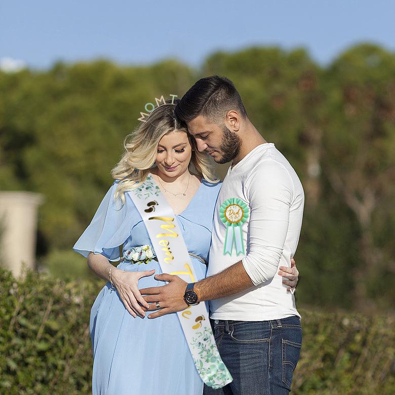 Expectant Parent Badge and Headband Set - Includes Mom-to-Be Headband, Dad-to-Be Badge, and Ribbon Headdress