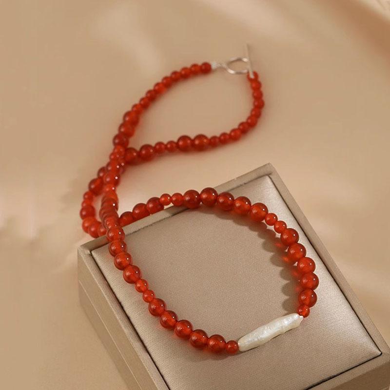 Natural Baroque Pearl Necklace Design Onyx Necklace OT Buckle Red Necklace