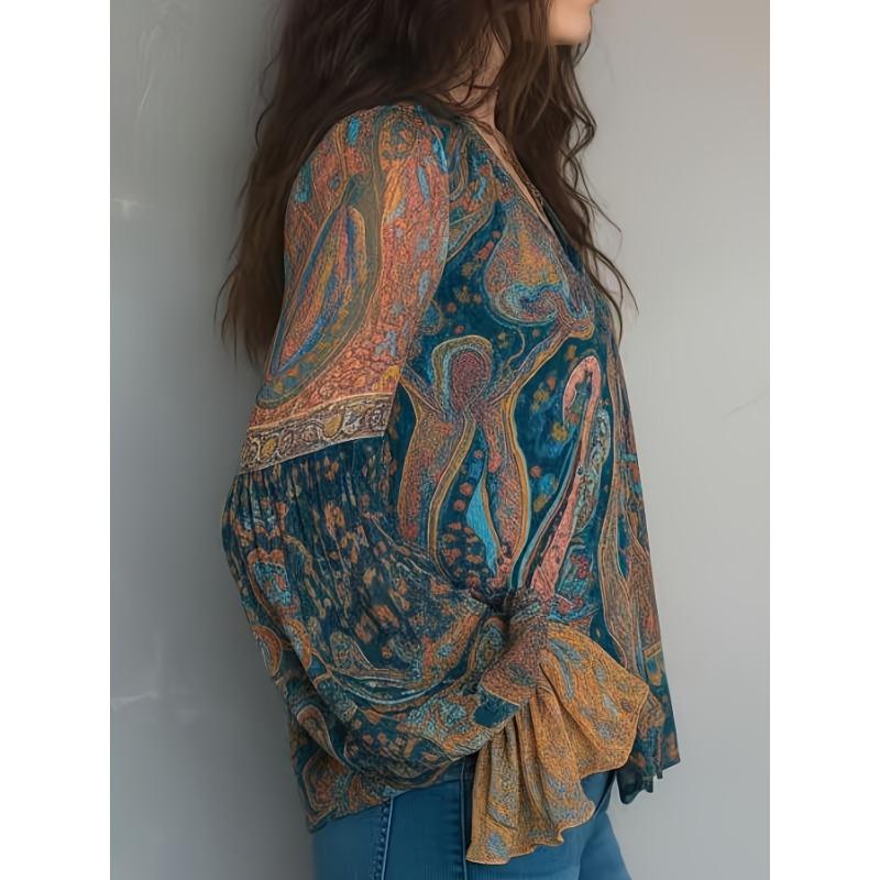 Szyfonowa Bluzka w Stylu Boho z Wzorem Paisley i Długimi Falbankowymi Rękawami