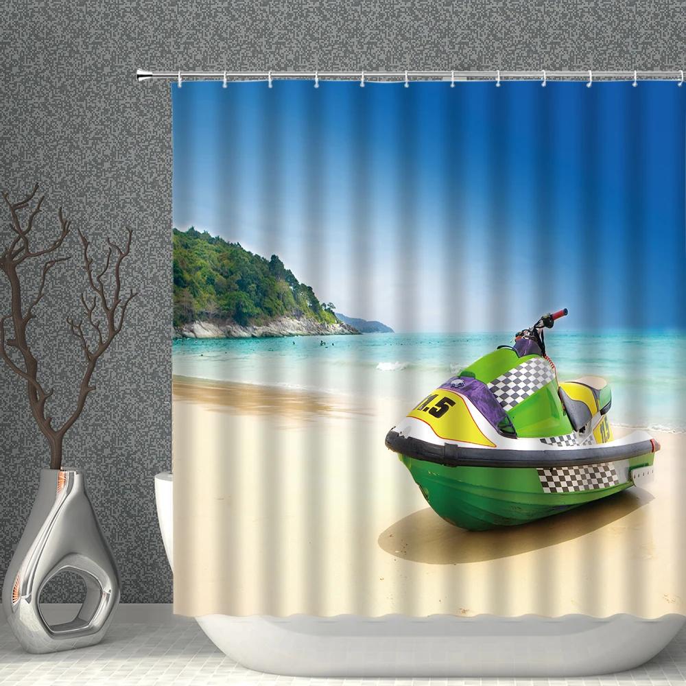 Summer Holiday Retro Cartoon Bus Shower Curtains Vintage Surfboard Palm Tree Bathroom Partition Decor Bathtub Curtain with Hook