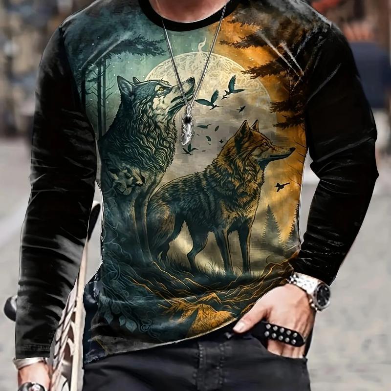 Fashion Men's Crew Neck Long Sleeve 3D Color Printing Summer Casual Long Sleeve Crew Neck T-Shirt