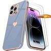 Case for iPhone 14 Pro - Shockproof - TPU Silicone - Heart Pattern - Gold Plated - 2 Tempered Glasses