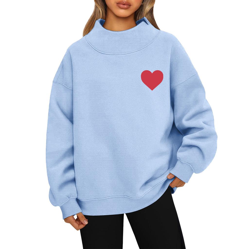 Women's Valentine's Day Print Fashion Loose High-Collar Long Sleeve Color Sweatshirt Pullover