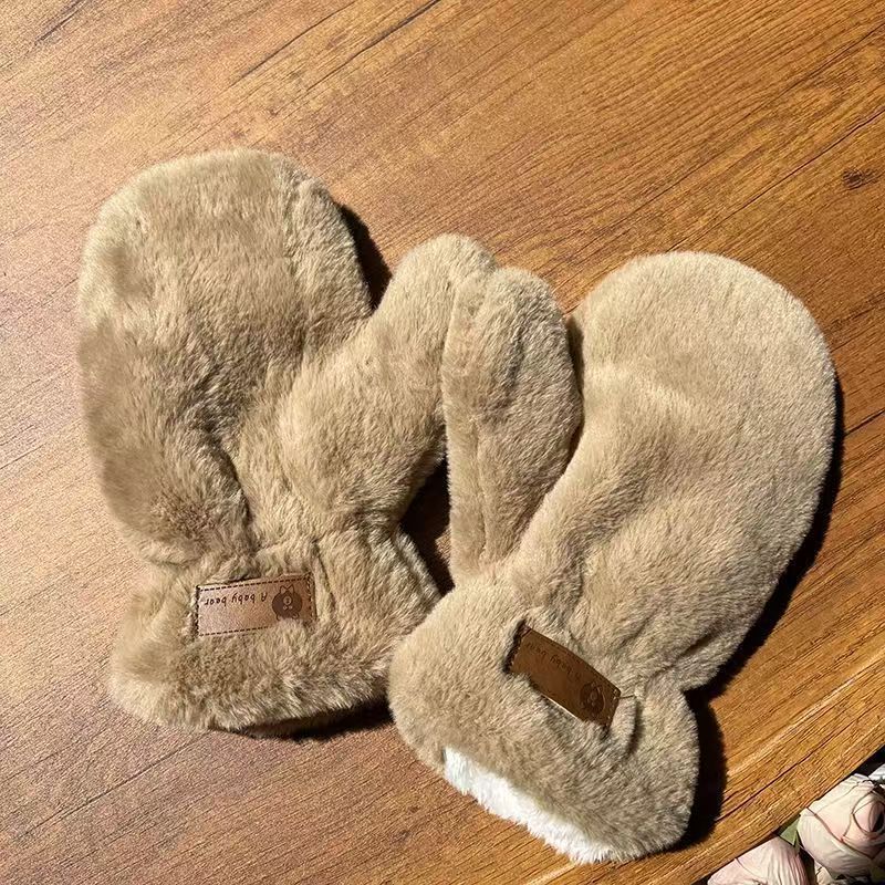 Winter Continuous Fingers To Ride A Bicycle Fashionable Cute Girl and Student Male Plus Velvet Imitation Rabbit Fur Gloves Warm Windproof Plush Gloves