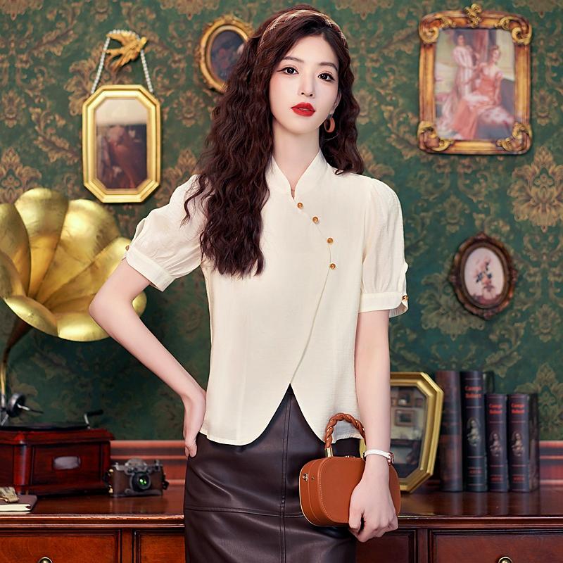 Fashion New Summer Chinese Style Stand Collar Short Sleeve Chiffon Blouse Shirt Women Tops J391