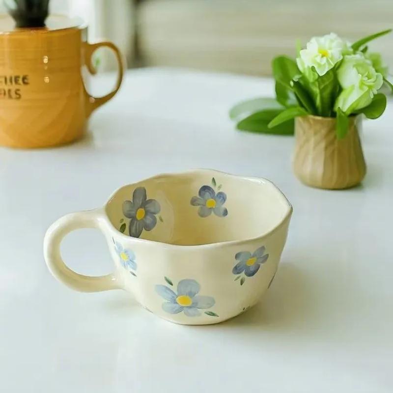 Hand Pinched Irregular Flower Ceramic Mugs Coffee Cups Milk Tea Cup Ins Korean Style Oatmeal Breakfast Mug Drinkware Kitchen Cup