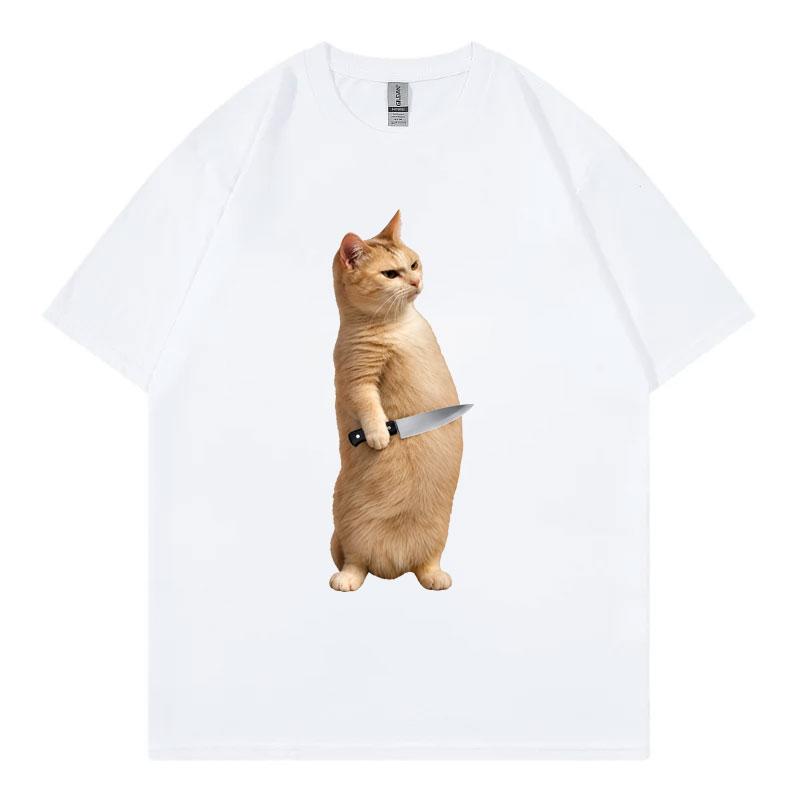 Funny Cat With Knife Meme Tshirt Unisex Unisex Clothing High Street Fashion Trend Tshirts Summer Casual Loose Short Sleeve T Shirt