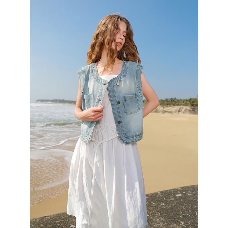 

Sancai 2025 Летний Ретро Однотонный Хлопковый Жилет из Короткого Денима без Рукавов с Круглым Вырезом XL