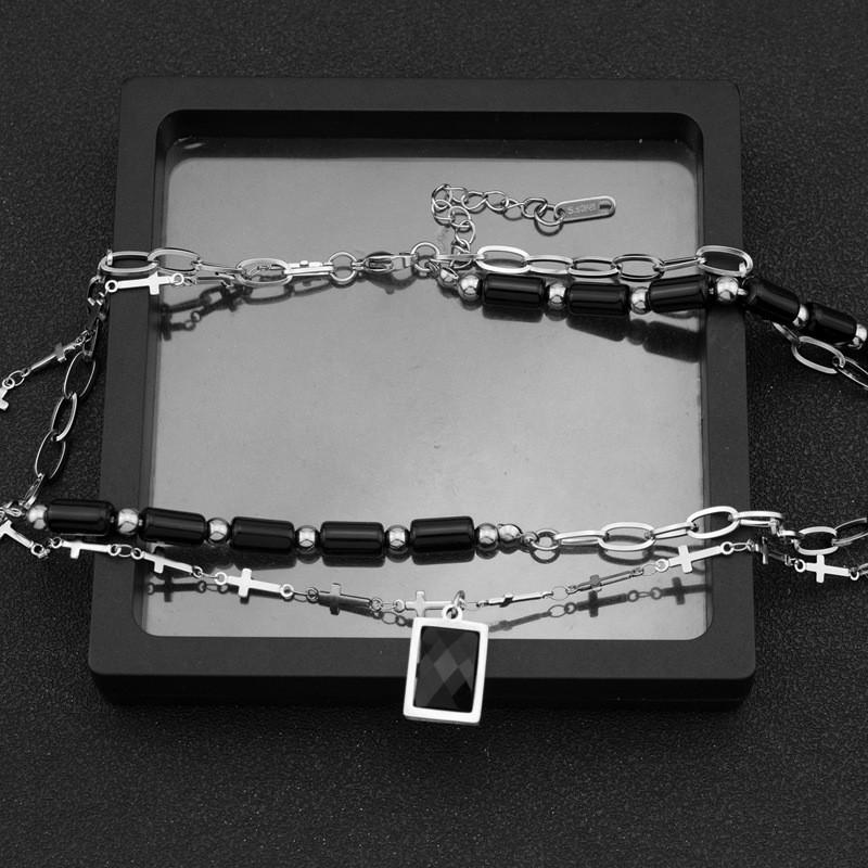 Double Layer Cross Pendant Necklace Women Titanium Steel O-Chain Geometric Minimalist Choker Statement Jewelry