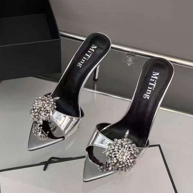 

Summer New Stiletto Sandals Women Pointed Open-toe Rhinestone Flower Slip-on Waterproof and Anti-slip Wear Slippers 34