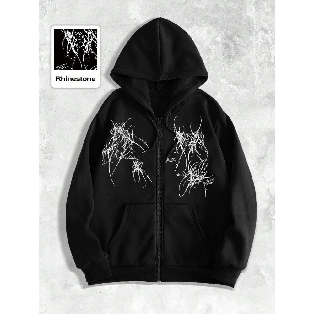 

Чоловіча готична толстовка на блискавці - Толстовка на повній блискавці, Чорна осінньо-зимова колірна гама, Міський вуличний одяг XL