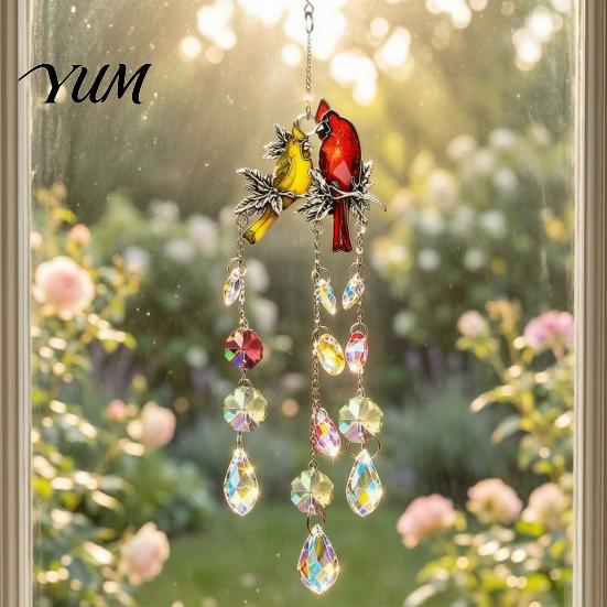 Sparkling Window Pendant Cardinals Faux Crystals Suncatcher, Hanging Sun Catcher for Windows, Bird Wind Crystal Suncatcher Windows Chimes with Chain,