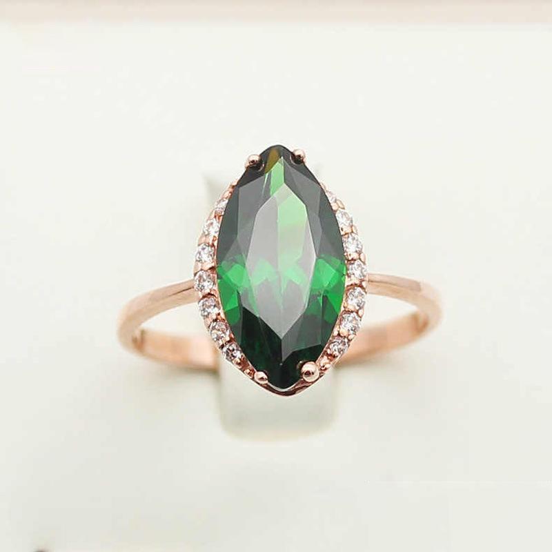 

Кольцо из русского 585 фиолетового золота с покрытием Rose Gold, поверхность в форме ромбовидного яйца, инкрустированное зеленым камнем циркония, изысканное кольцо.