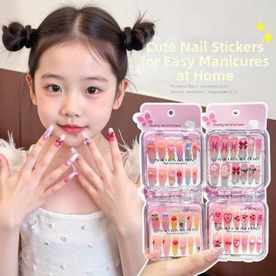 Dibujos Animados Niños Llevando Uñas Lindo Cereza Corazón de Amor Pegatina Larga para Uñas Puntas de Uñas Desmontables para Niñas Estudiantes