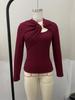 Women's Asymmetrical Hollow Metal Buckle Long Sleeve T-shirt - Solid Color, Autumn/Winter Style