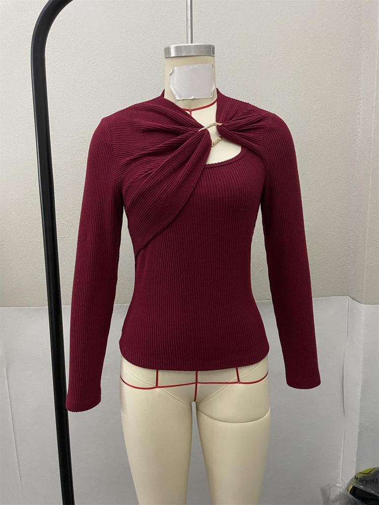 Women's Asymmetrical Hollow Metal Buckle Long Sleeve T-shirt - Solid Color, Autumn/Winter Style