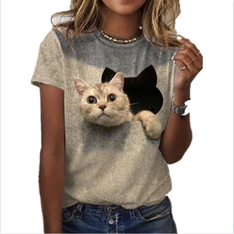 Summer Casual Digital Printed 3D Loose Round Neck Short Sleeved T-Shirts Women’s