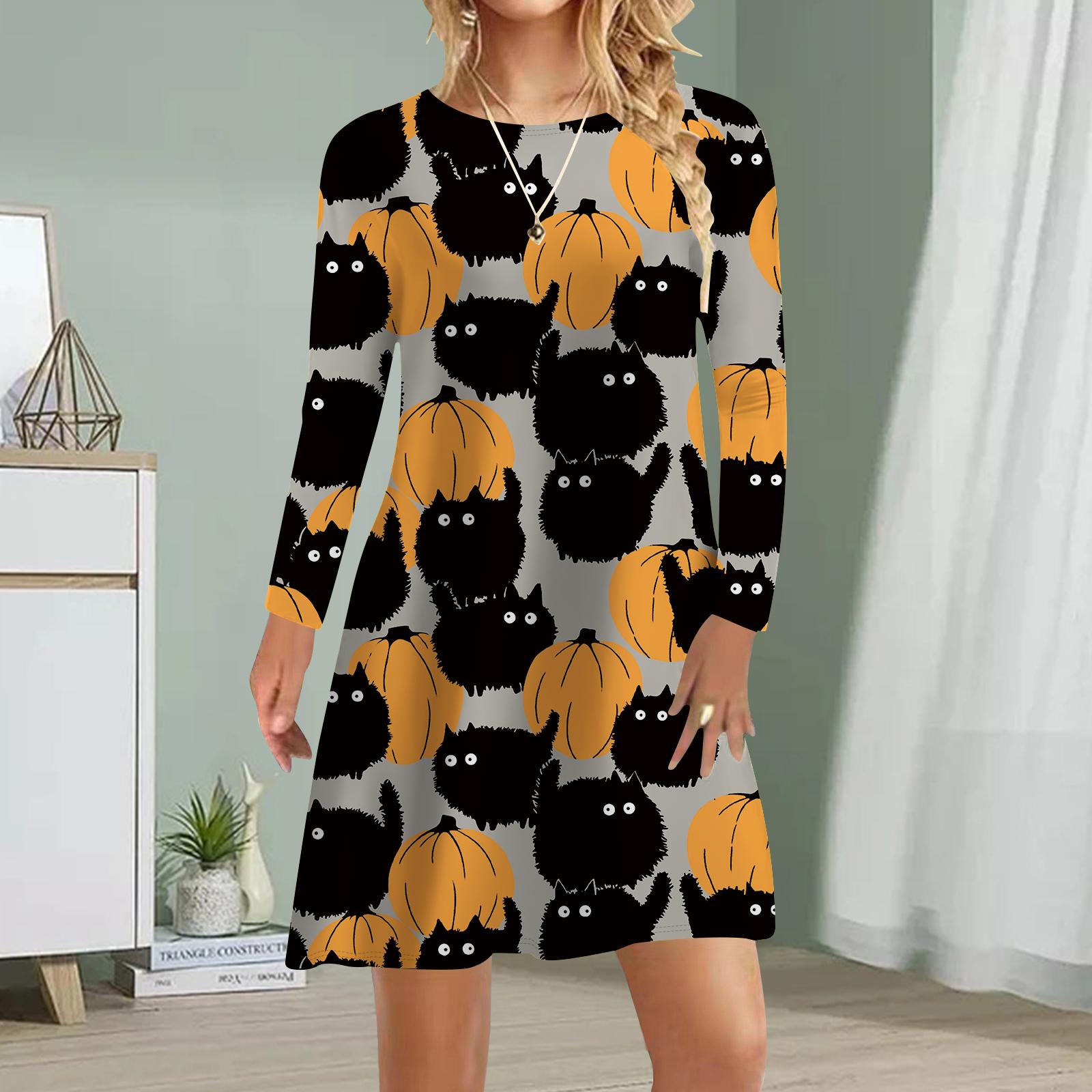 

Женское повседневное платье Осенние платья с принтом призраков для женщин Платье с коротким рукавом и круглым вырезом Плюс Размер M