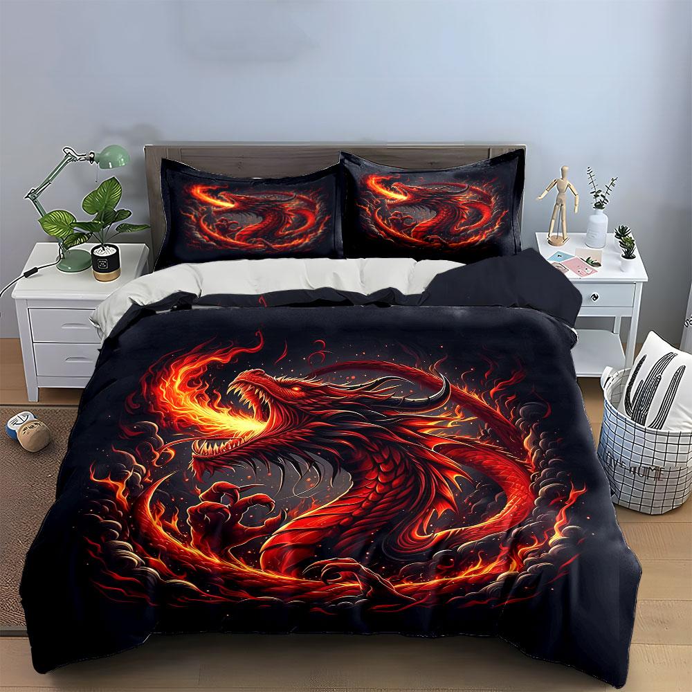 Dragon Flame Decorative Set Soft Comfortable Duvet Cover Bedding Set Included 1*Duvet Cover & 2*Pillowcases, Gift