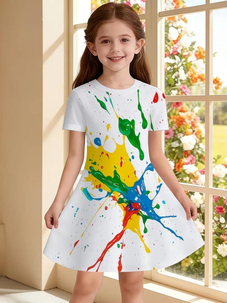 Toddler Girls Fantasy Cartoon Pattern Gown Summer Lightweight Short Sleeve Round Neck Dress Outdoor Holiday Birthday Elegant