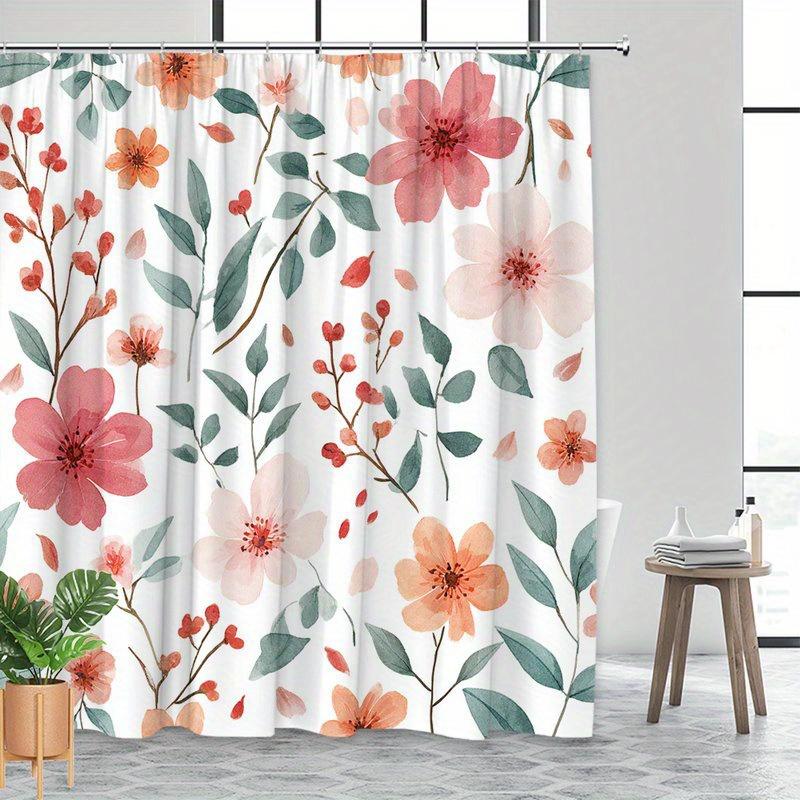 1pcs Romantic Pink Peach and Coral Floral Shower Curtain, Polyester Fabric, Machine Washable, Suitable for Bathroom Decoration
