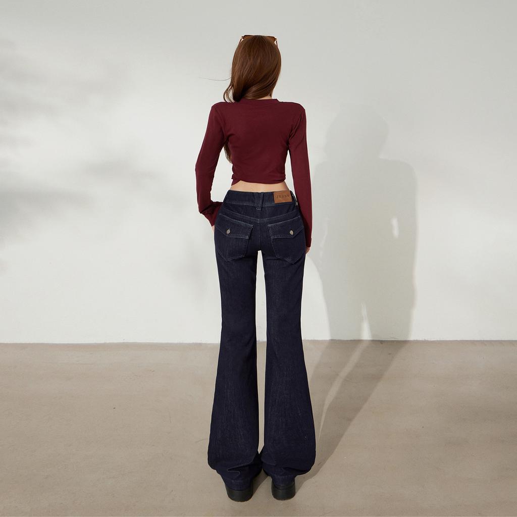 American retro Spice Girl low-rise double-buckle slim-fitting flared pants versatile autumn and winter elastic jeans women's new models