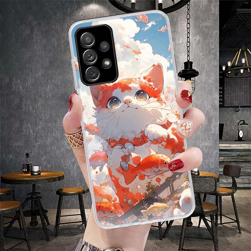 Cartoon Cute Cat Fish Aesthetic Soft Phone Case For Samsung Galaxy A12 A22 A32 A52 A72 A02S A51 A50S A71 A70 A31 A20S Note 20 Ul