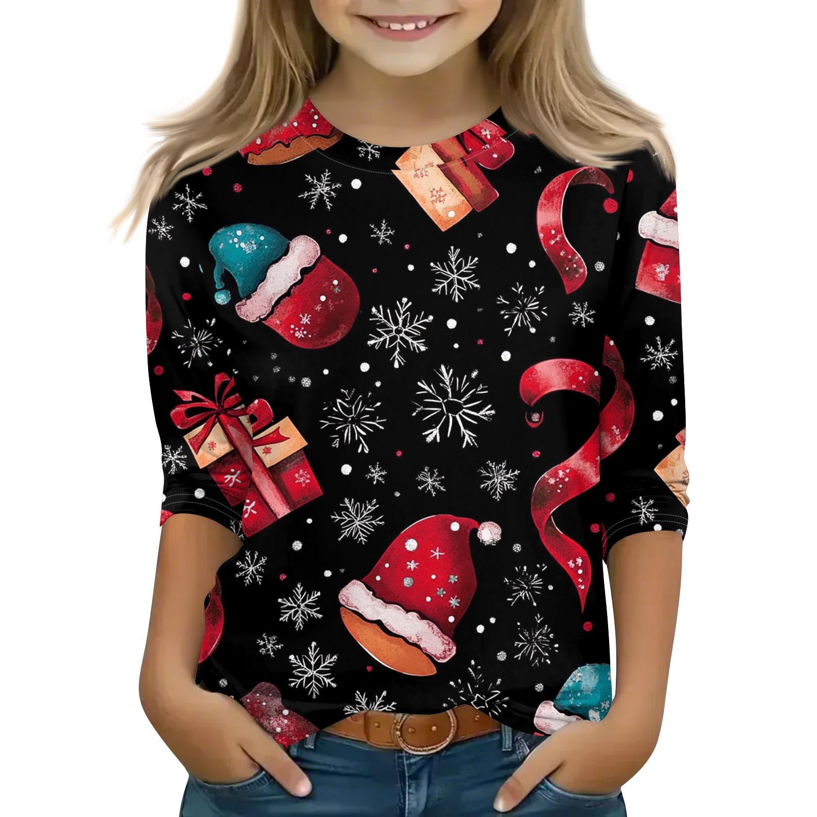 

Рождественские топы с принтом для девочек-подростков 5-16 лет, футболки с круглым вырезом и рукавами 3/4, модные топы, нарядные футболки 110 красный