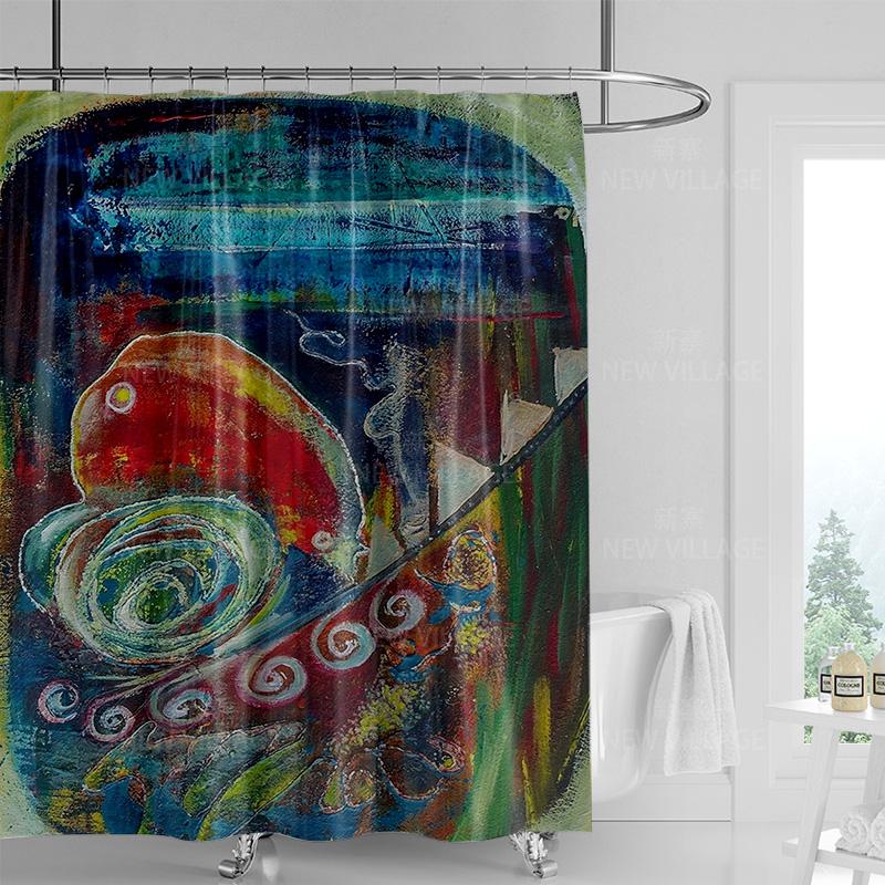 Whimsical Nature-Inspired Shower Curtain with Rainbow and Sunset Design for Relaxing Bathroom Decor
