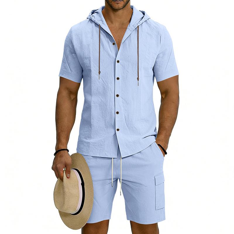 Men's Linen Hooded Shirt & Shorts Cardigan Set with Work Pants - Two-Piece Set in Stock.
