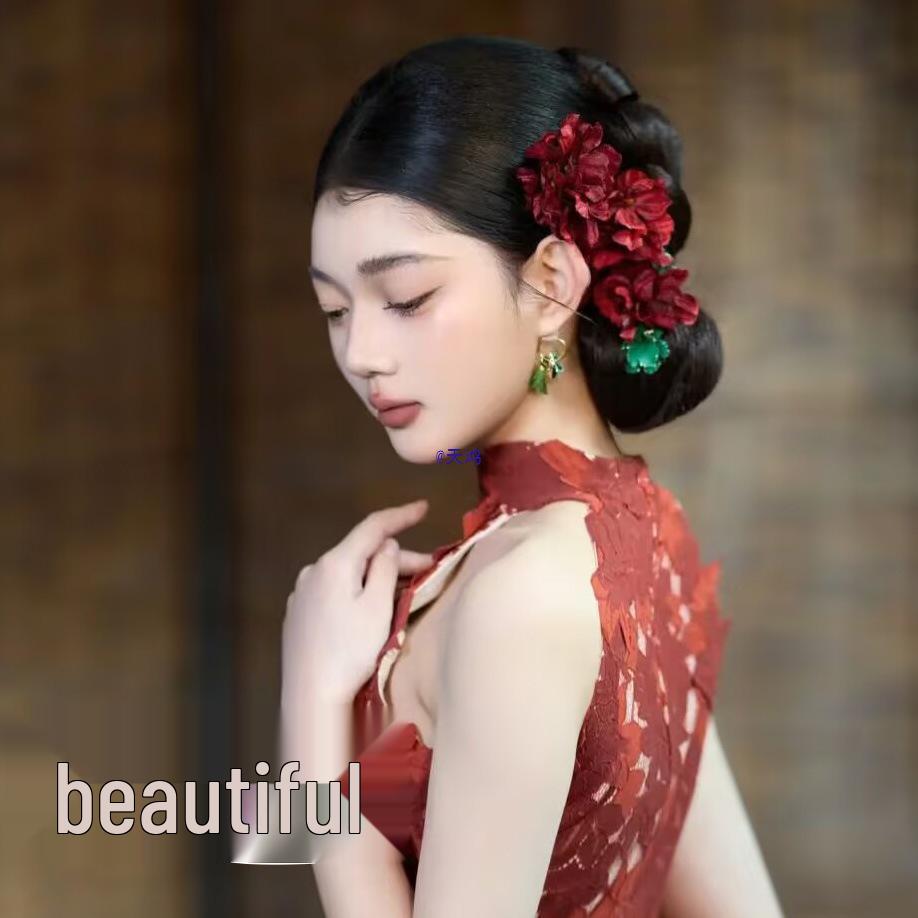 Retro Wine Red Fabric Flower Bridal Hairpin - Classical Chinese Style Headpiece