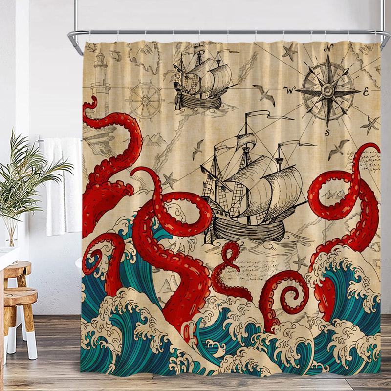 Ocean Red Octopus Shower Curtain Sea Wave Sailboat Lighthouse Nautical Bath Curtains Polyester Fabric Bathroom Decor with Hooks