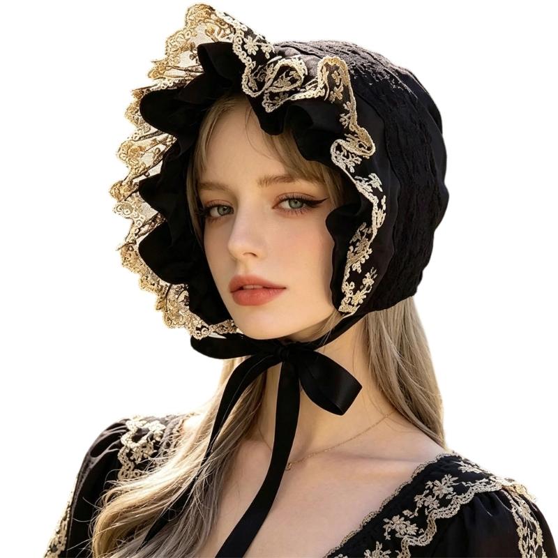 Ruffled Brim Bonnet Hat with Lace Edge and Chin Ties, 55-60 Cm Decorative Headwear for Gatherings and Portraits