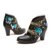 Johnature Genuine Leather Shoes Fashion Women's High Heels Retro Print Lace Versatile Short Boots