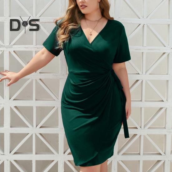 Dámske elegantné šaty s V výstrihom a krátkym rukávom, vysoký pás, bočné šnurovanie, plisované, nadmerná veľkosť, dĺžka po kolená, spoločenské šaty, Streetwear