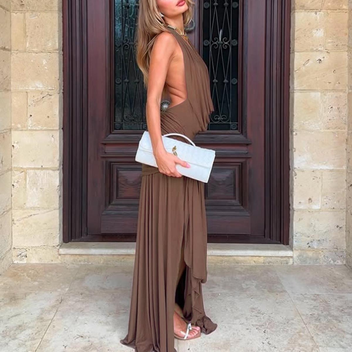 

European and American women s clothing sexy deep V neck backless splicing streamer pleated split dress women S коричневый