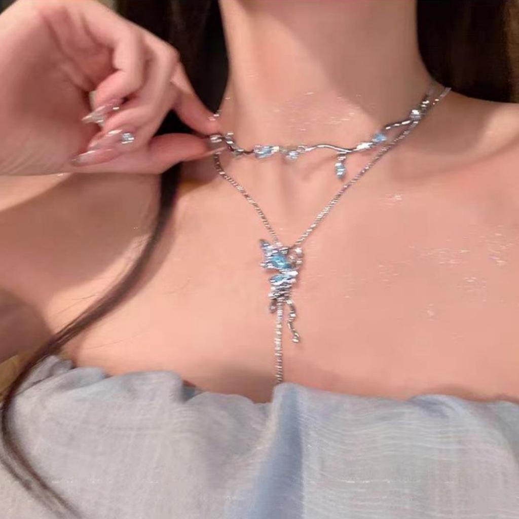 Exquisite Blue Crystal Butterfly Double-Layer Necklace for Women - 2025 High-End Design