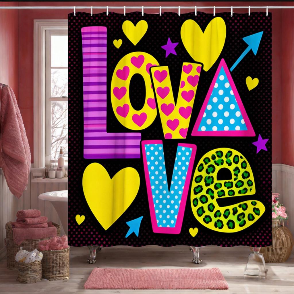 Love Graffiti Shower Curtain Mixed Patterns with Hearts and Leopard, Fun Feminine Bath Curtain for Teen Girls and Romantic Decor