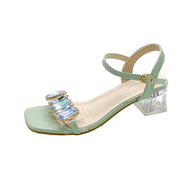 Summer 2025 Open-Toe Women's Sandals Rhinestone Mid Heel Strappy Sandals Best Selling Comfortable Crystal High Heels for Women