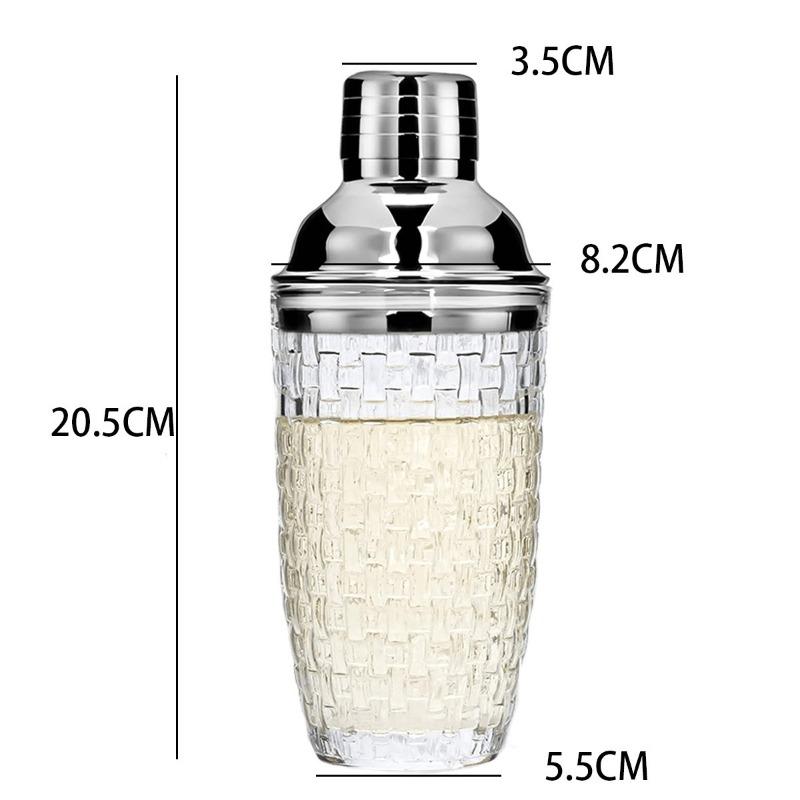 Glass Cocktail Shaker Woven Texture Glass Stainless Steel Lid Cocktail Glass with Leak-Proof Metal Steel Lid and Strainer