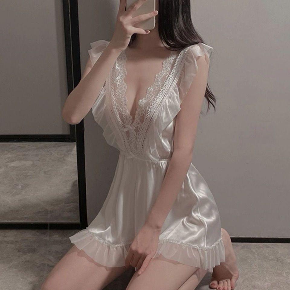 

New sexy pure desire pajamas, lace suspenders, sexy spring and summer small breasts MM court seduction women s pajamas One size fits all [suitable for 40-60kg years old] білий