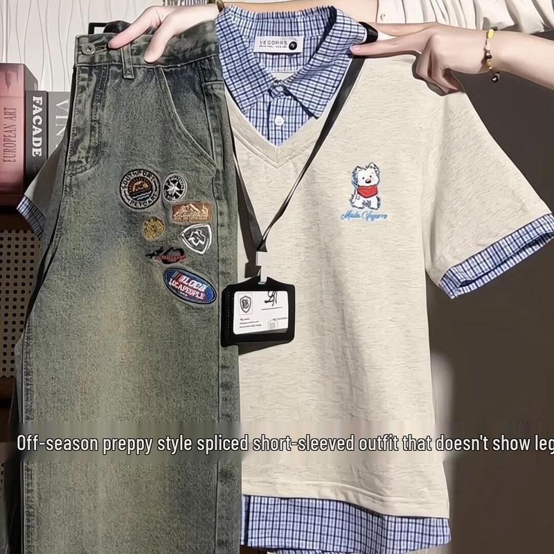 

Women s Retro Puppy Print Cotton Plaid Polo Short Sleeve T-Shirt L [105-120 lbs]